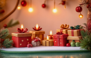 The image depicts a festive holiday scene. It showcases decorated gift boxes, candles, and decorative ornaments with warm lighting, perfect for seasonal celebrations. The scene gives an impression of 