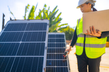 Engineer in safety vest and helmet pointing towards a solar powered carport, illustrating eco-friendly innovation in parking infrastructure. Solar panels provide shade and sustainable energy.
