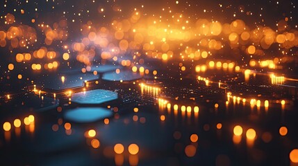 Abstract background with glowing hexagons and lights, creating a futuristic technology theme for design. -