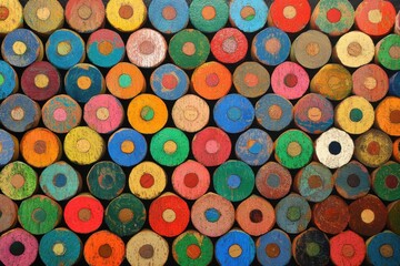 Colorful wooden pencil cores in a vibrant circular pattern.