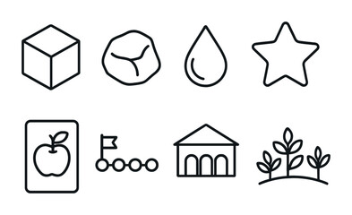 Essential education and learning line icons – outline style for academic, instruction, and study materials: cube, drop, star, apple card, museum, plants.