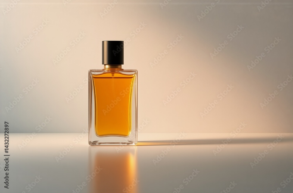 Poster A rectangular amber perfume bottle with a black cap sits on a reflective surface, illuminated by soft light.  The scene is minimalist and elegant.