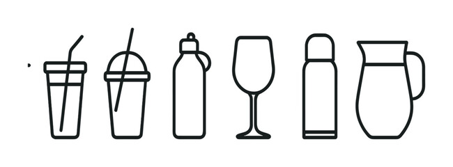Beverage icons set – outline style drinkware, hydration, and refreshment graphics: cup, bottle, glass, tumbler, jug, thermos, pitcher