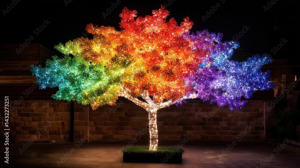 Poster a colorful illuminated tree made of lights, showcasing vibrant hues against a dark backdrop, creatin