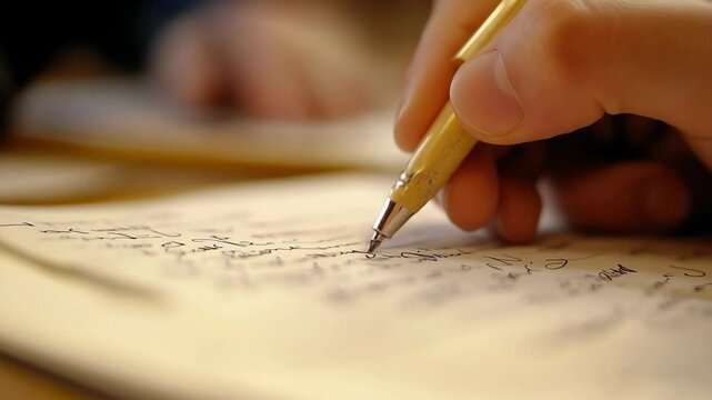 Human hand writing on paper with gold pen close-up, creative writing, brainstorming, ideas generating, taking notes or journaling concept