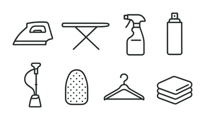 Household cleaning and laundry icons set – outline style domestic chores, hygiene tools, and home organization symbols: iron, ironing board, spray bottle, hanger, mop, towel stack.
