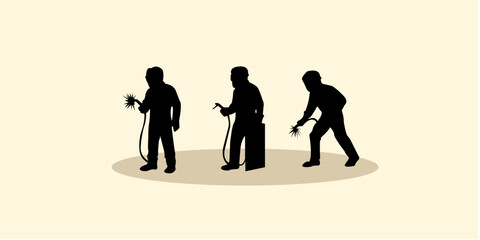 Graphic set silhouette of welding profession concept. Icon of worker man on black. Vector illustration.
