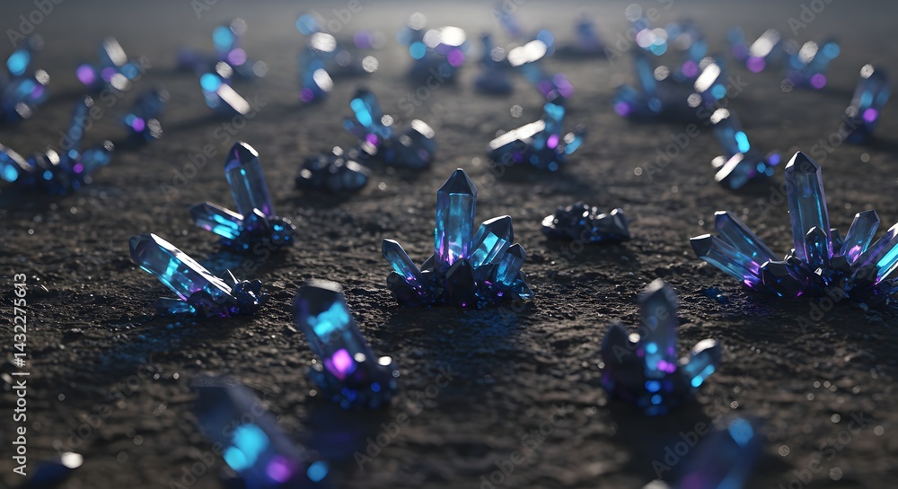 Poster a field of iridescent crystals scattered on a dark textured surface under a soft light source above