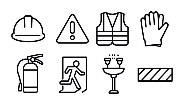 Workplace safety outline icons set &ndash; linear style ehs, risk management, and compliance symbols for safety planning: hard hat, warning sign, safety vest, gloves, fire extinguisher, exit sign, safety