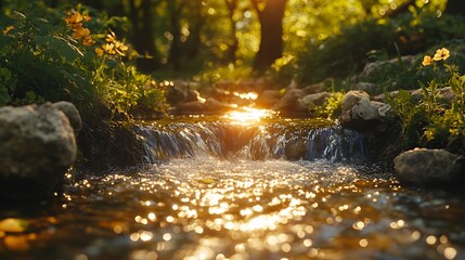 Serene stream flowing through a sunlit forest, reflecting sparkling sunlight.