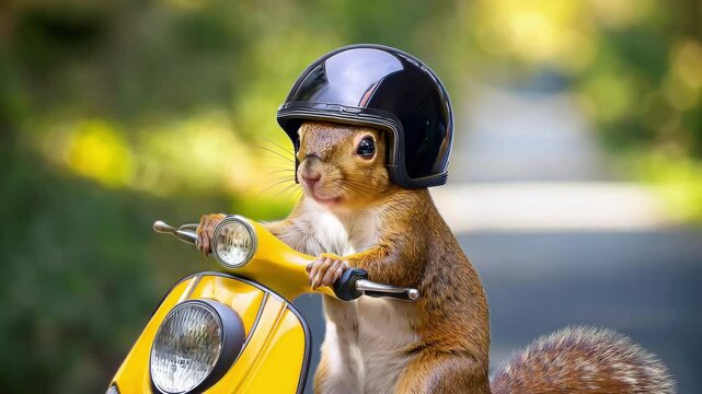 Squirrel Riding Yellow Mini Motorbike with Helmet