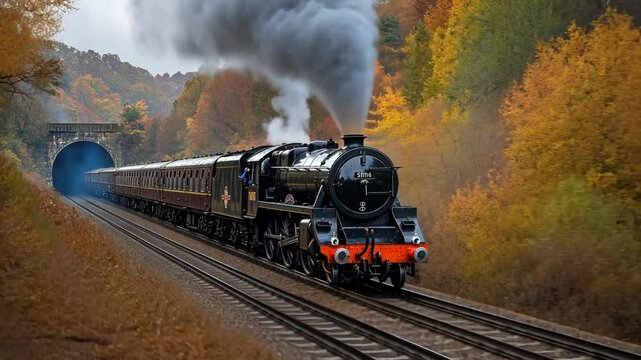 Majestic Steam Train Journey Through Autumnal Landscape