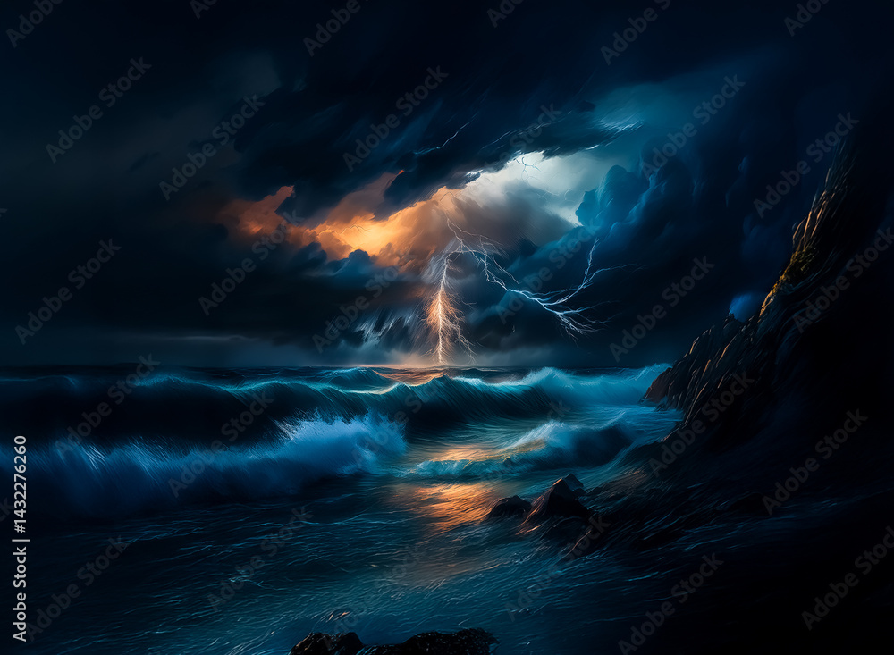 Aufkleber hint: the image contains a stormy scene at sea, with lightning, waves, and dark clouds. a dramatic s