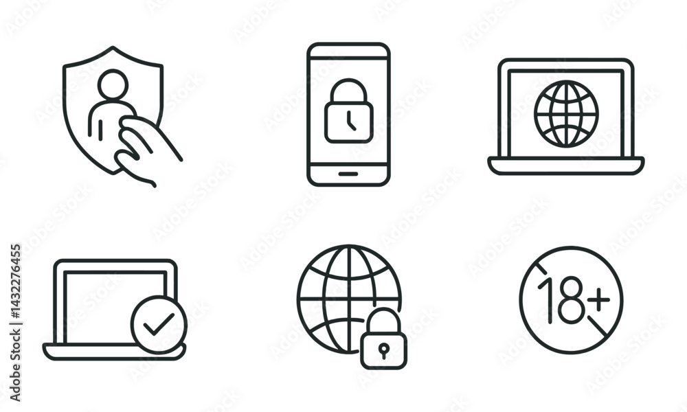Poster cybersecurity outline icons set – line style online safety, data protection, and secure access symbo