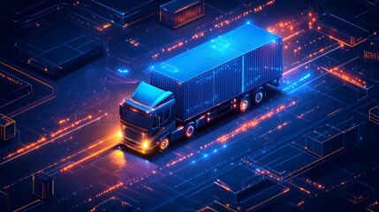 Futuristic blue semi-truck navigating through a digital logistics network.