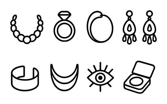 Jewelry vector icons set &ndash; outline style accessories, fashion, beauty symbols: necklace, ring, earrings, bracelet, eye, jewelry box