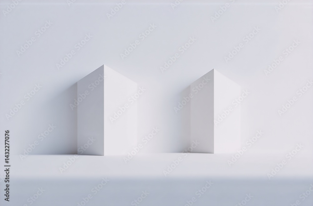 Poster minimalist 3d render of two white, geometric shapes resembling folded paper or abstract avatars agai