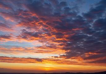 Gentle vibrant hues sky end day dramatic accumulated clouds appearing if ignited blue upper atmosphere illuminated magenta orange yellow tones dark shaded areas weather conditions suitable digital