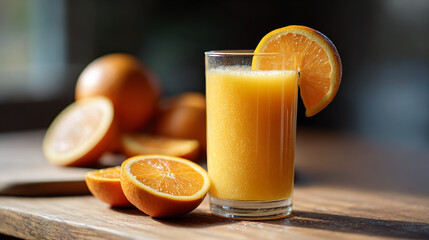 Freshly squeezed orange juice in glass with orange slice healthy breakfast drink and oranges on table