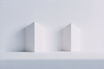 Minimalist 3D render of two white, geometric shapes resembling folded paper or abstract avatars against a clean, white background.  Subtle shadows add depth.