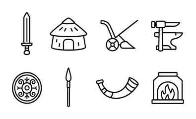 Fototapeta premium Medieval tools and weapons icon set – outline style history, ancient crafts, and warfare symbols: sword, hut, plow, anvil, shield, spear, horn, fireplace.