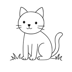 Cute cartoon cat sitting in grass for coloring book  