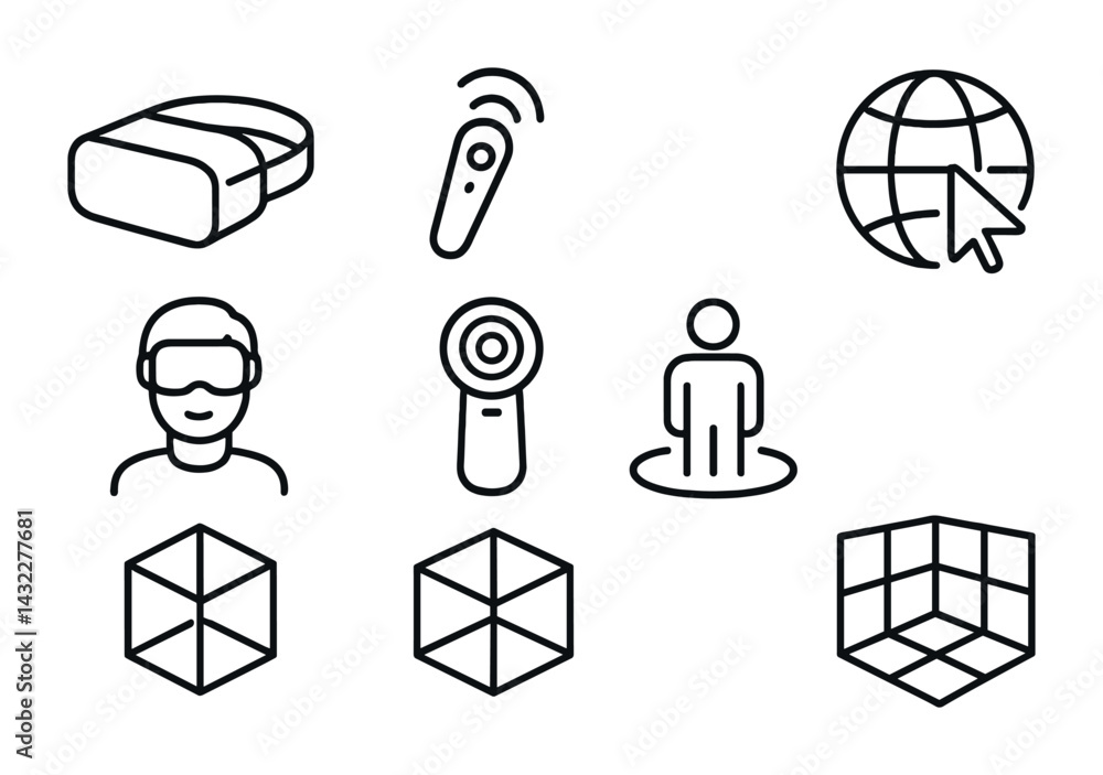 Poster virtual reality line icons set – outline style for ar, vr, and tech enthusiasts: headset, controller