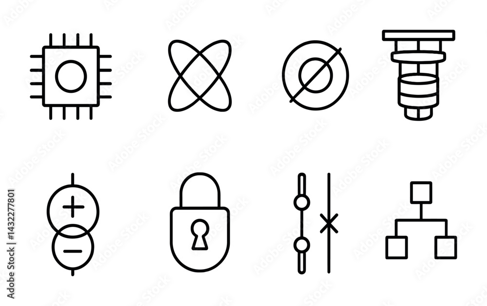 Poster technology and science outline icons set – linear style innovation, network, and engineering symbols