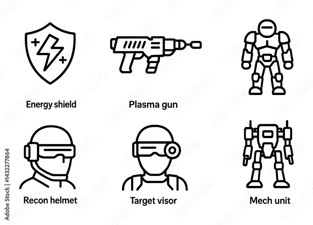 Poster futuristic technology outline icons set – linear style sci-fi, cybernetics, and robotics symbols for