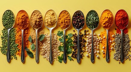 Colorful spices and herbs in vintage metal spoons arranged in row on yellow background, fresh parsley leaves and peppercorns add natural accents to culinary composition.