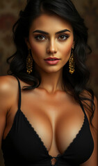 Sensual Portrait Beautiful Woman Black Lingerie Gold Earrings Dark Hair