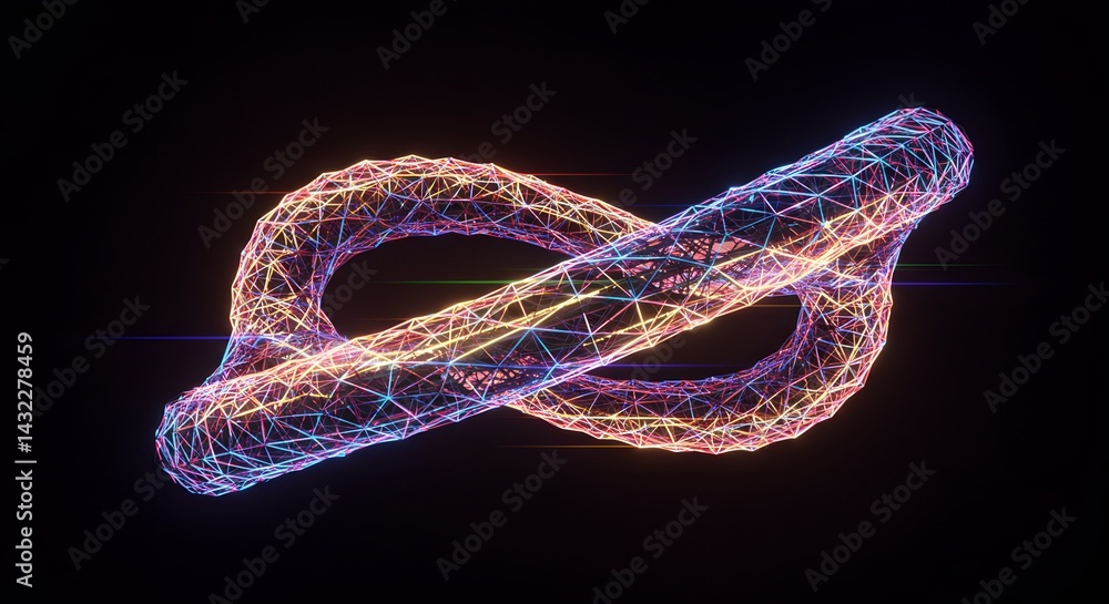 Poster abstract geometric shape with glowing lines and triangular mesh on a dark background in a studio sho