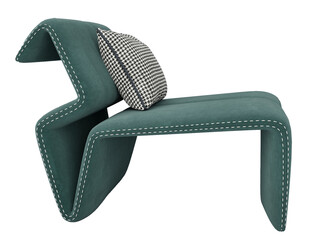 Modern green lounge chair with unique curved design, and white stitching. Furniture PNG, front...