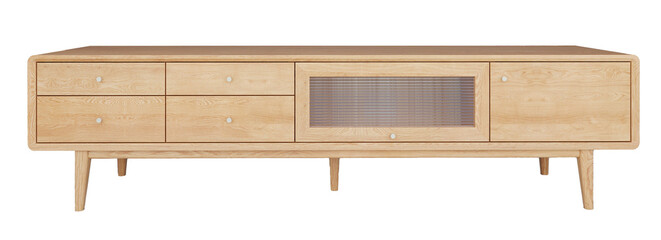 Modern wooden TV console in light oak color with six drawers and a sliding glass door. Furniture PNG, front view, isolated on transparent background.