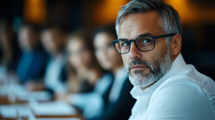 Obraz premium Mature businessman with gray beard and glasses in white shirt looking thoughtful during corporate meeting, with blurred colleagues in background.