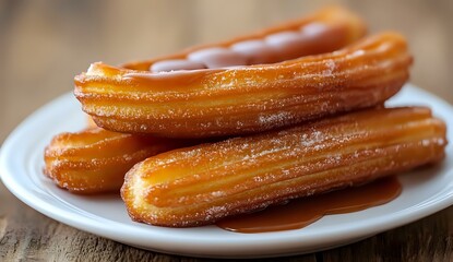 Fresh churros drizzled with warm caramel sauce on white plate against rustic wooden background, close up view showing golden crispy texture and sweet coating.
