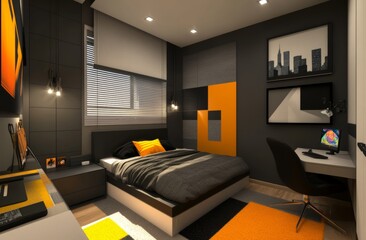 a modern bedroom in black and orange tones.
