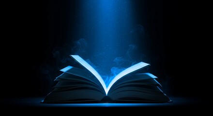 exposed bound collection written pages illuminated beam blue colored light swirling vapor dark photographic setting backdrop textual resource separated pages rays light bound collection fictional
