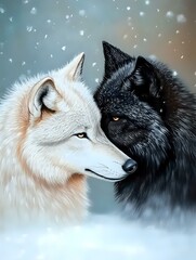 Obraz premium Black and white wolves face to face in tender moment against snowy winter background with falling snowflakes, showing contrast and unity in nature.