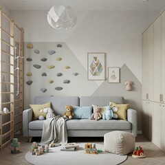 Modern and Cozy Kids Playroom with Climbing Wall and Stylish Decor