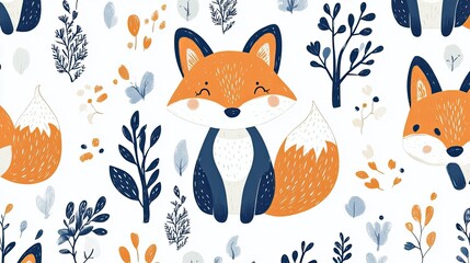 Abstract fox in a forest pattern. Seamless digital design for fabric and digital print designs. -