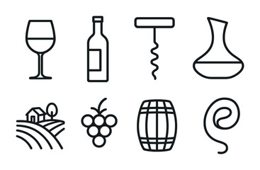 Wine & vineyard outline icon set – line style winery, grapes, and tasting symbols for wine enthusiasts: wine glass, bottle, corkscrew, decanter, vineyard, grapes, barrel, wine swirl.