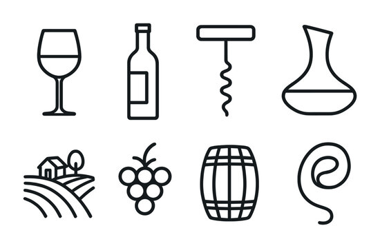 Wine & vineyard outline icon set – line style winery, grapes, and tasting symbols for wine enthusiasts: wine glass, bottle, corkscrew, decanter, vineyard, grapes, barrel, wine swirl.