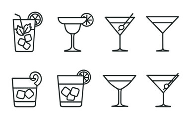 Cocktail drinks outline icon set – line style beverage, mixology, and party symbols for bar menus: margarita, martini, mojito, whiskey, cocktail glass, lemon slice