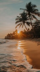 Sunset beach palm trees ocean waves tropical paradise vacation