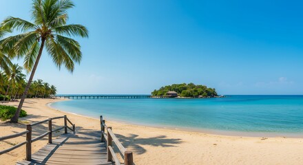 Fototapeta premium calm extensive natural setting featuring unusual coastal area blue green colored body saltwater constructed timber walkway extending ideal island location palm trees sun drenched granular surface