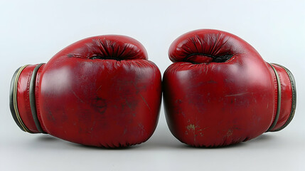 Worn red leather boxing gloves, side by side, showing signs of u