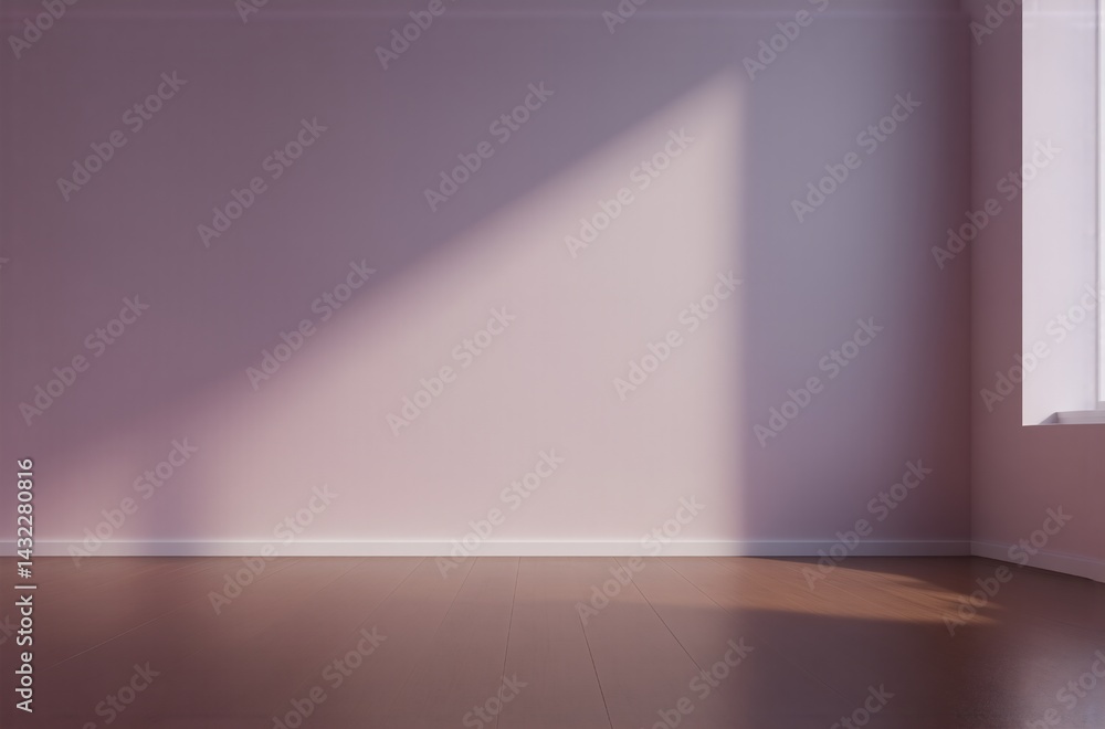 Aufkleber empty room with pale pink walls and hardwood floor. sunlight streams through a window, casting shado