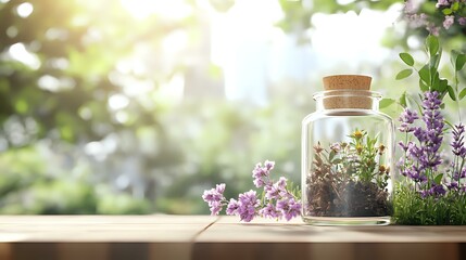 Glass jar with cork lid containing small plants and soil on wooden surface with purple wildflowers and soft natural bokeh background, creating magical garden atmosphere.