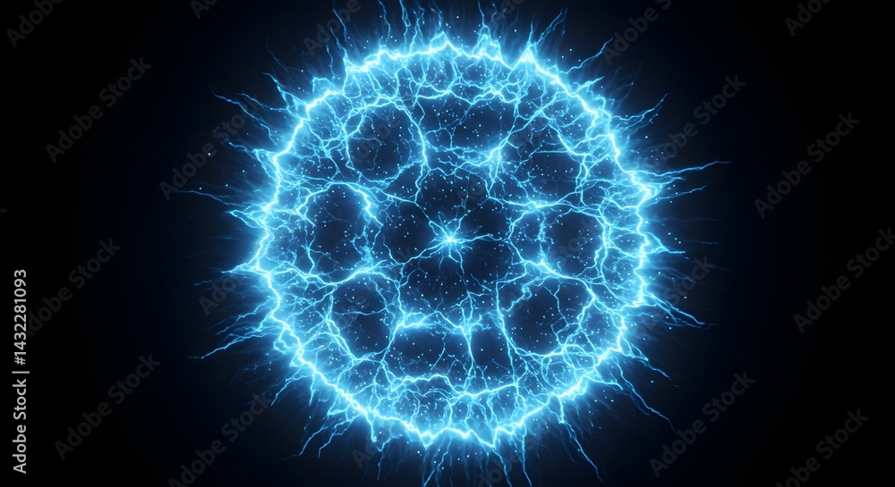 Poster electric blue energy sphere with lightning effects on a dark background creating a powerful visual